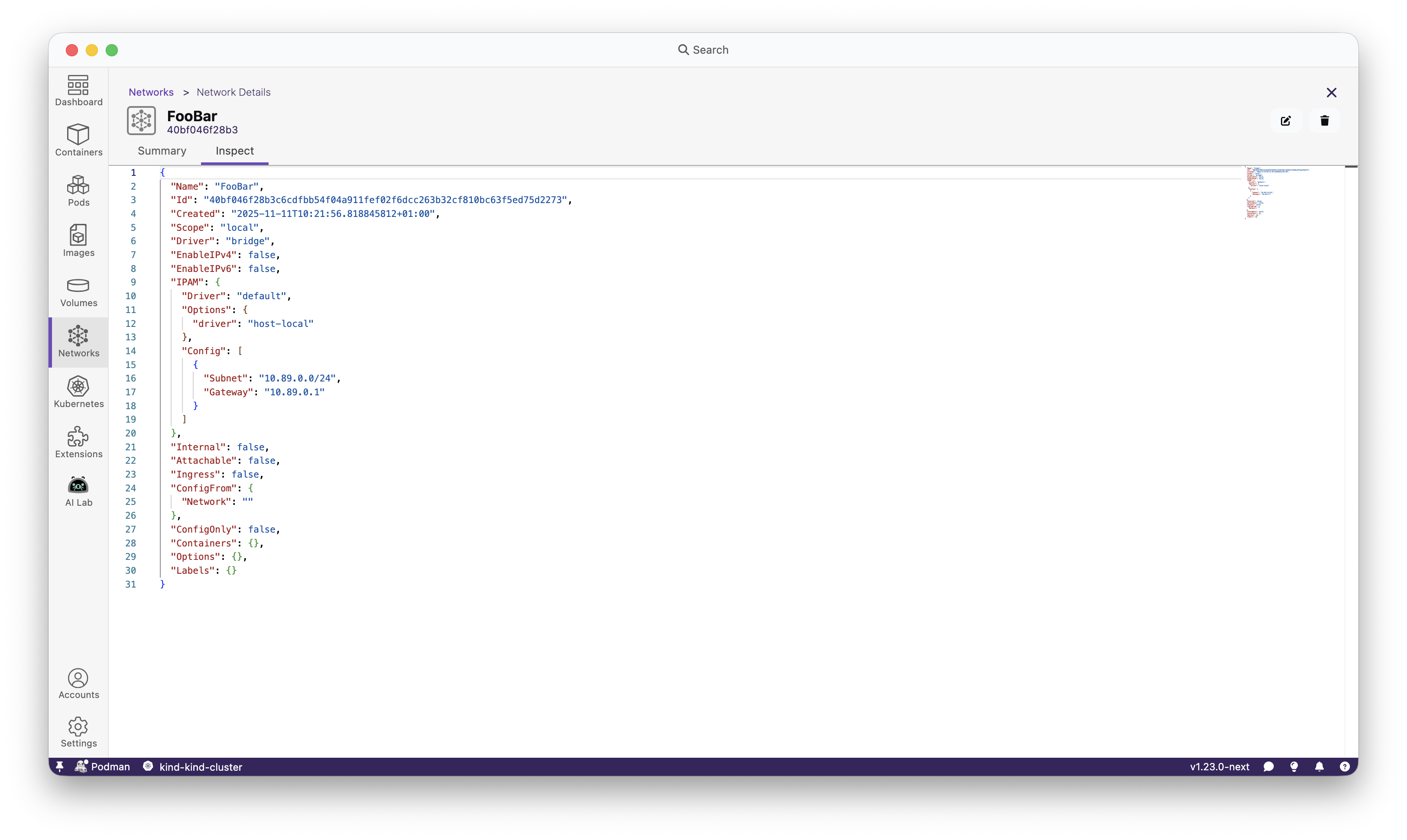 Podman network tab